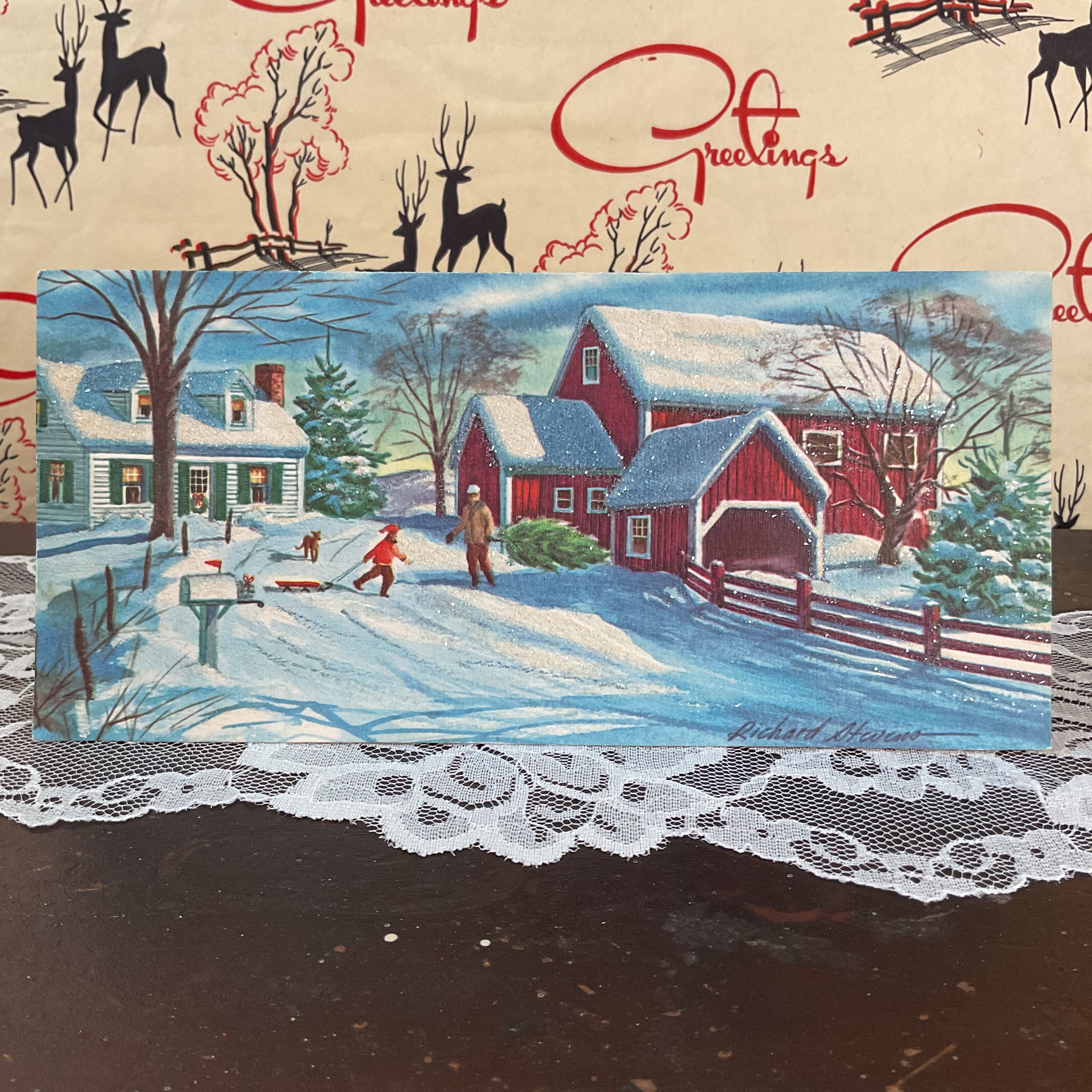 Vintage 1950s Christmas Card Snowy Glittered Farm Scene USED
