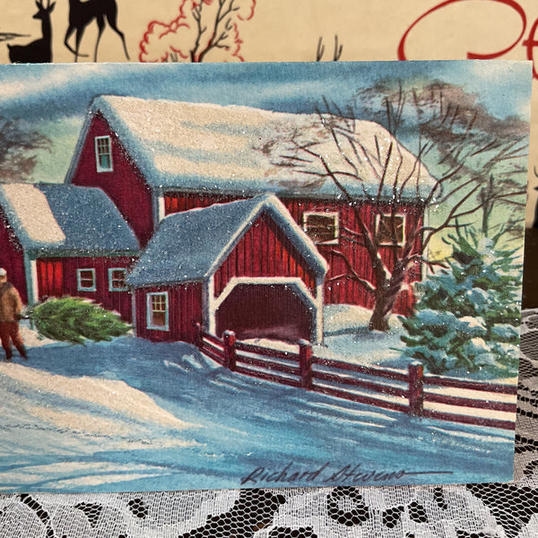 Vintage 1950s Christmas Card Snowy Glittered Farm Scene USED