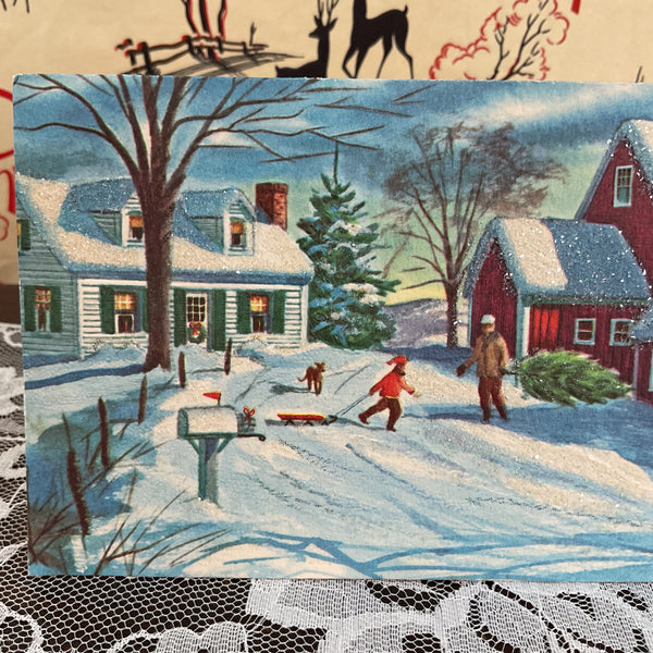 Vintage 1950s Christmas Card Snowy Glittered Farm Scene USED