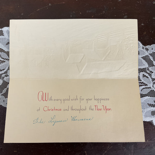 Vintage 1950s Christmas Card Snowy Glittered Farm Scene USED