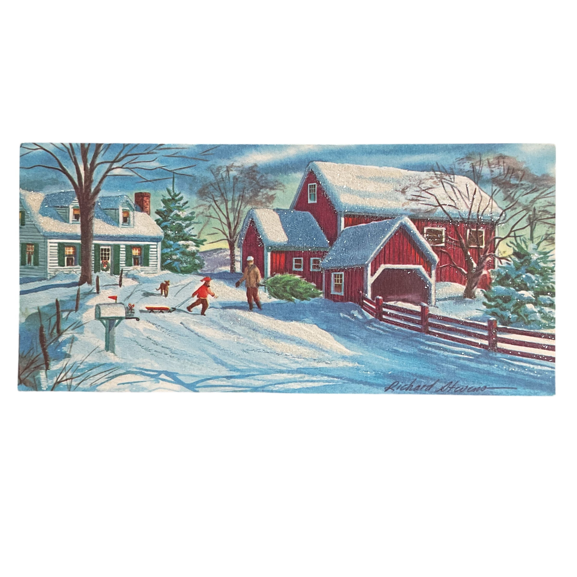 Vintage 1950s Christmas Card Snowy Glittered Farm Scene USED