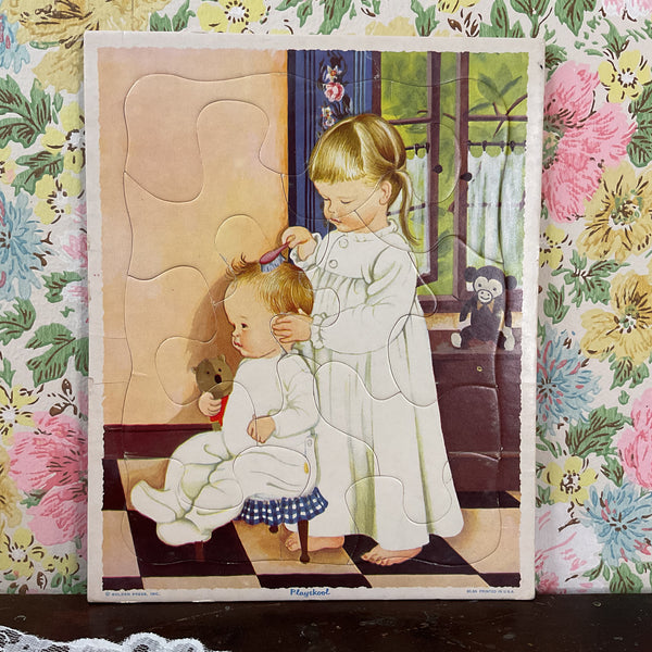 Vintage 1960s Playskool Girl and Baby Children’s Frame Tray Puzzle