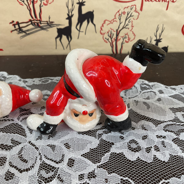 Vintage Ceramic Fitz and Floyd 1976 Tumbling Santa Claus Christmas Figurines Pair