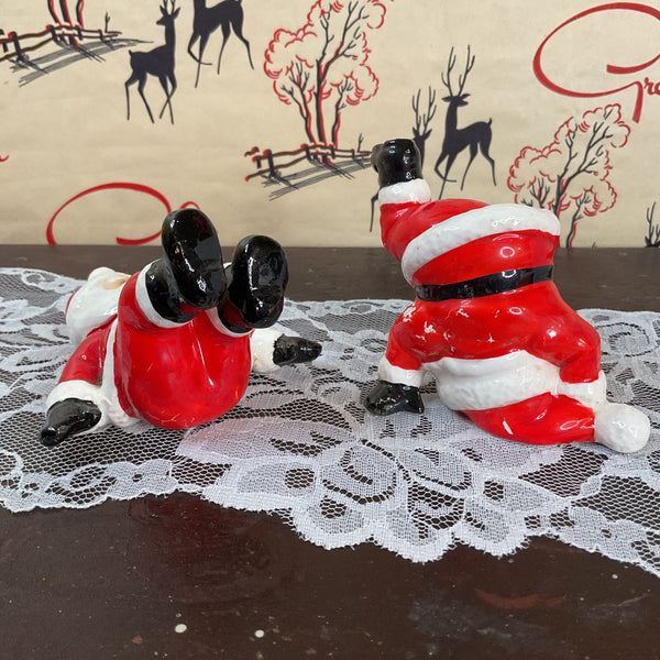 Vintage Ceramic Fitz and Floyd 1976 Tumbling Santa Claus Christmas Figurines Pair