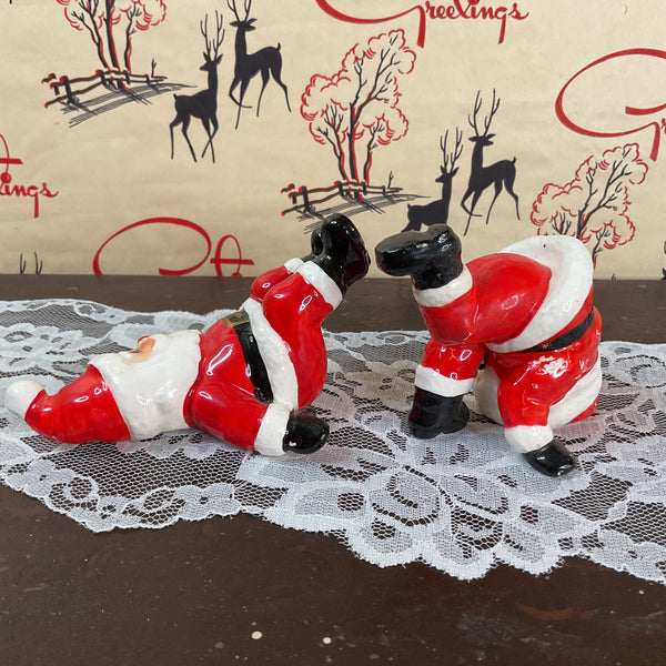 Vintage Ceramic Fitz and Floyd 1976 Tumbling Santa Claus Christmas Figurines Pair