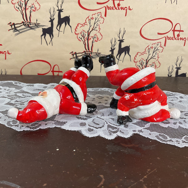 Vintage Ceramic Fitz and Floyd 1976 Tumbling Santa Claus Christmas Figurines Pair