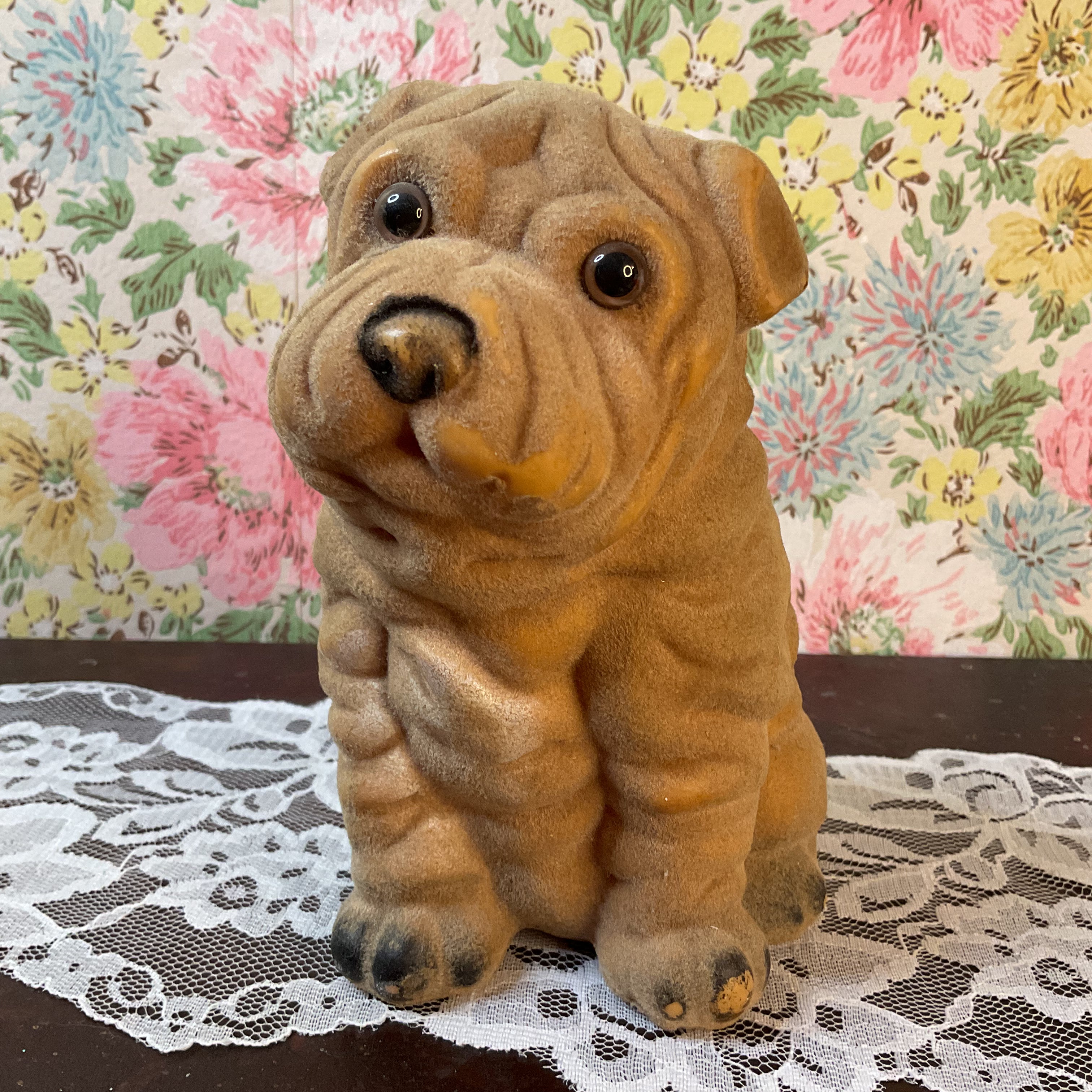 Vintage J S N Y Flocked Sharpei Piggy Bank Hard Plastic Coin Bank