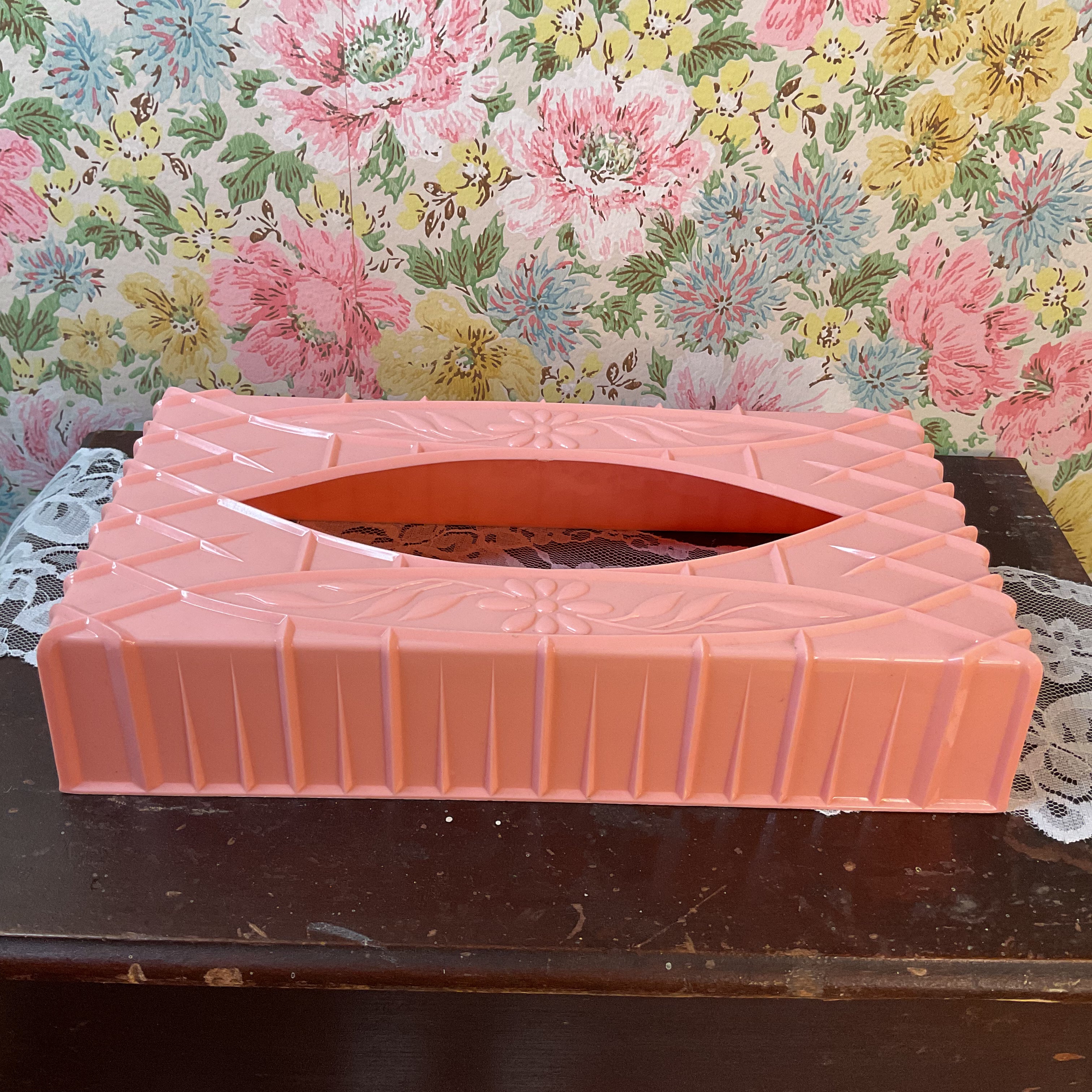 Vintage Pink Plastic Tissue Box Cover Floral Holder - Avid Vintage