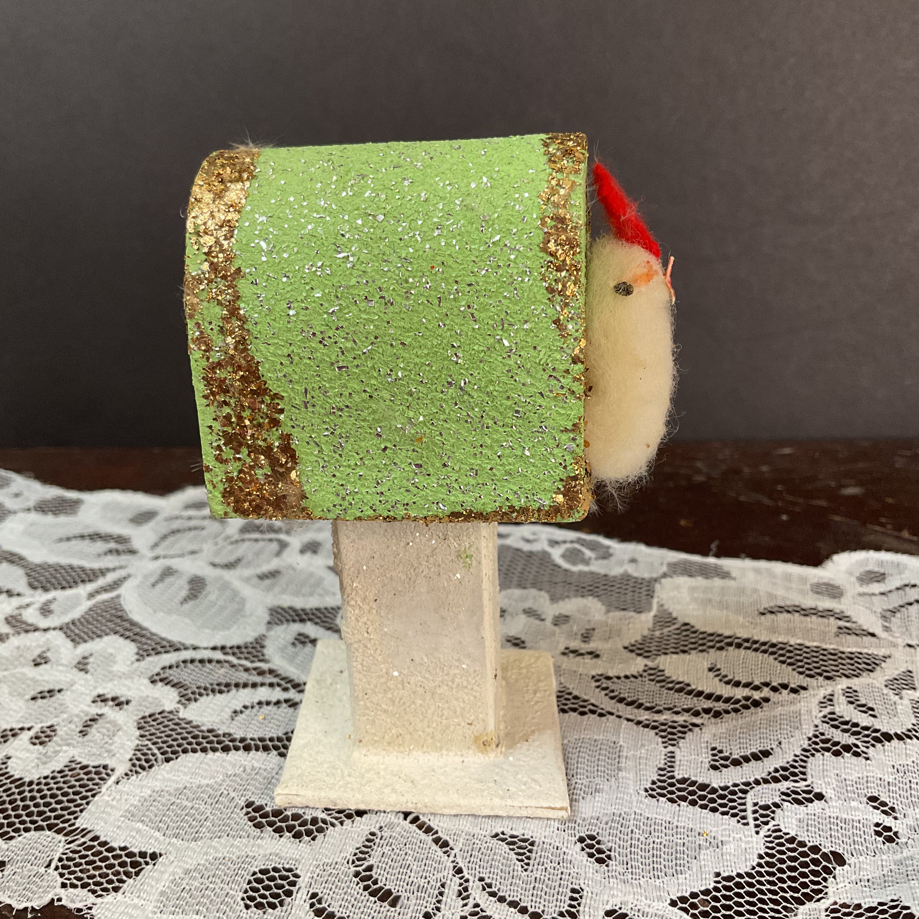Vintage Japan Putz Chick on Mailbox 1950s Cardboard Glitter Easter Decoration