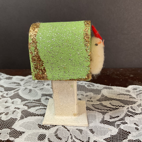 Vintage Japan Putz Chick on Mailbox 1950s Cardboard Glitter Easter Decoration