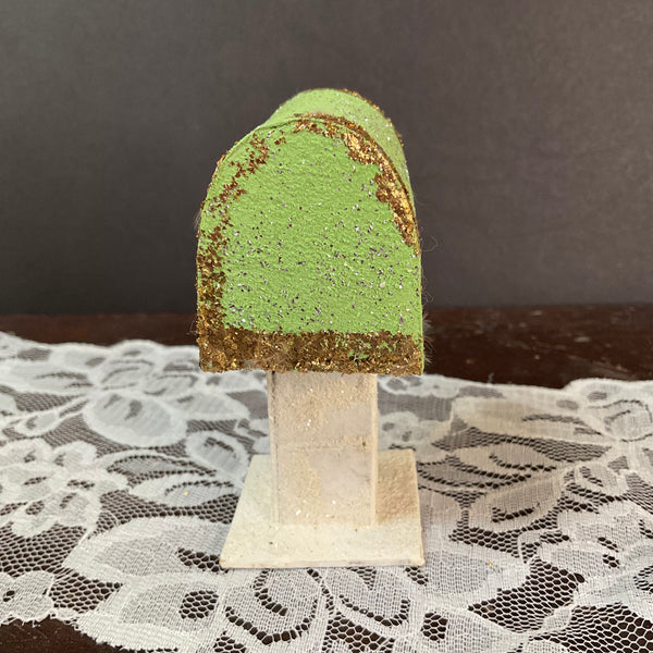 Vintage Japan Putz Chick on Mailbox 1950s Cardboard Glitter Easter Decoration