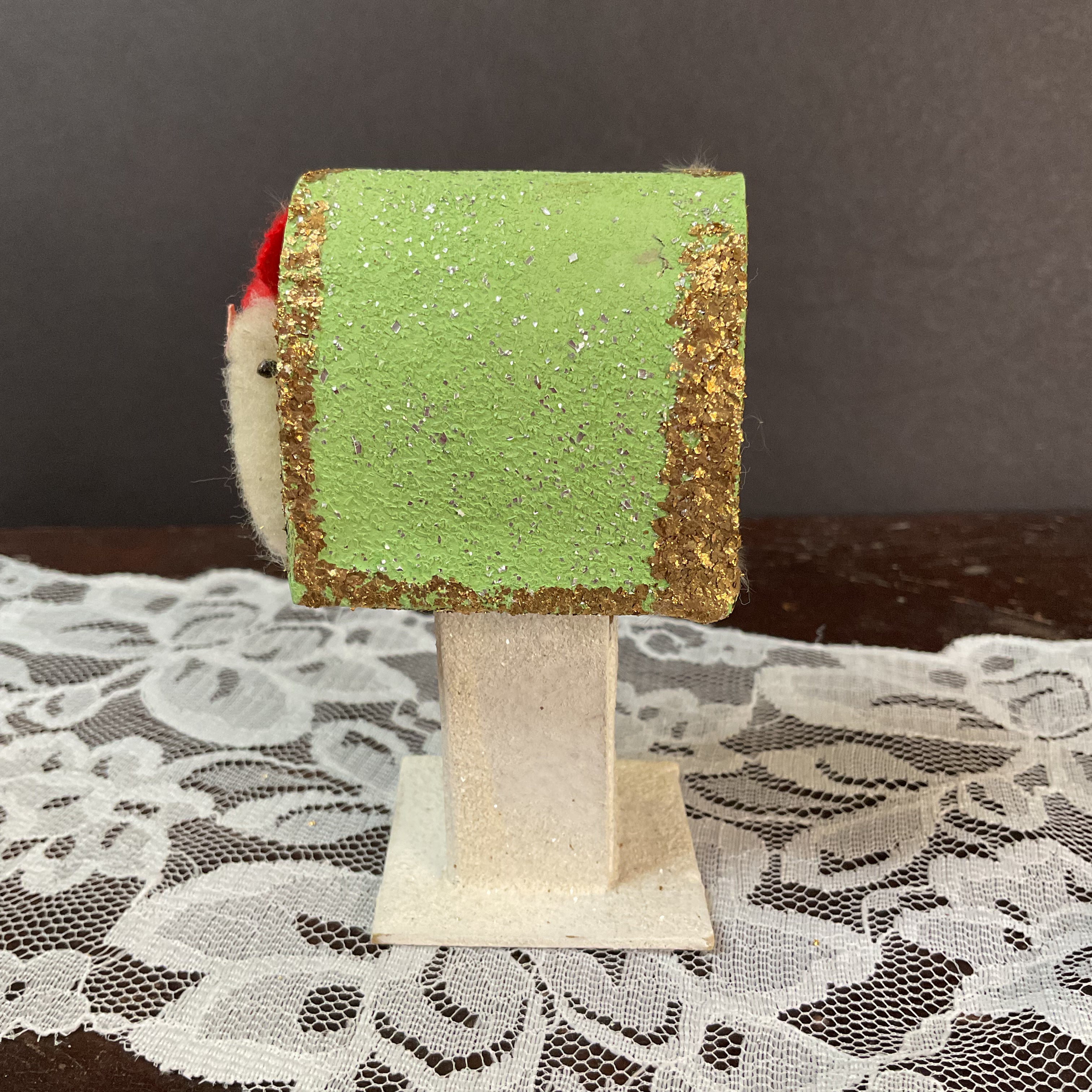 Vintage Japan Putz Chick on Mailbox 1950s Cardboard Glitter Easter Decoration