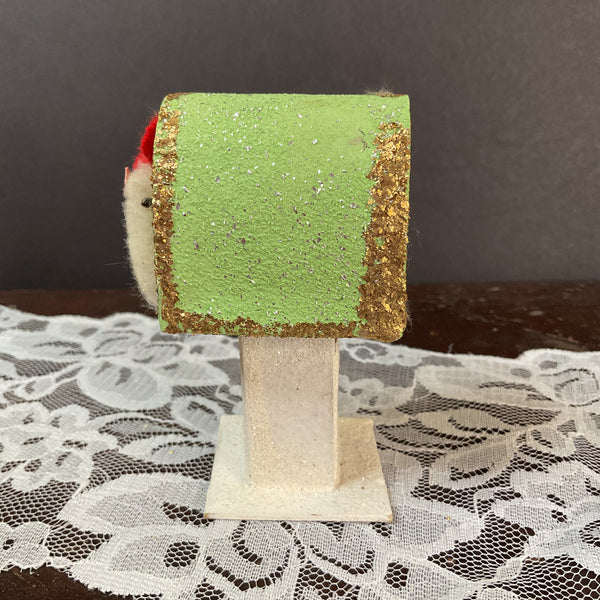 Vintage Japan Putz Chick on Mailbox 1950s Cardboard Glitter Easter Decoration