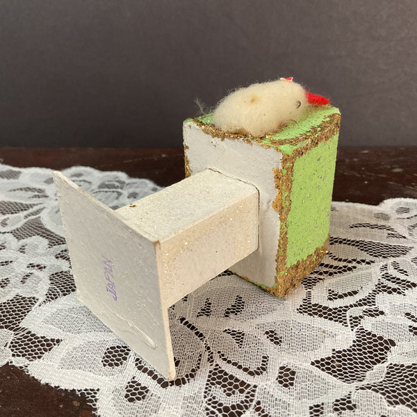 Vintage Japan Putz Chick on Mailbox 1950s Cardboard Glitter Easter Decoration