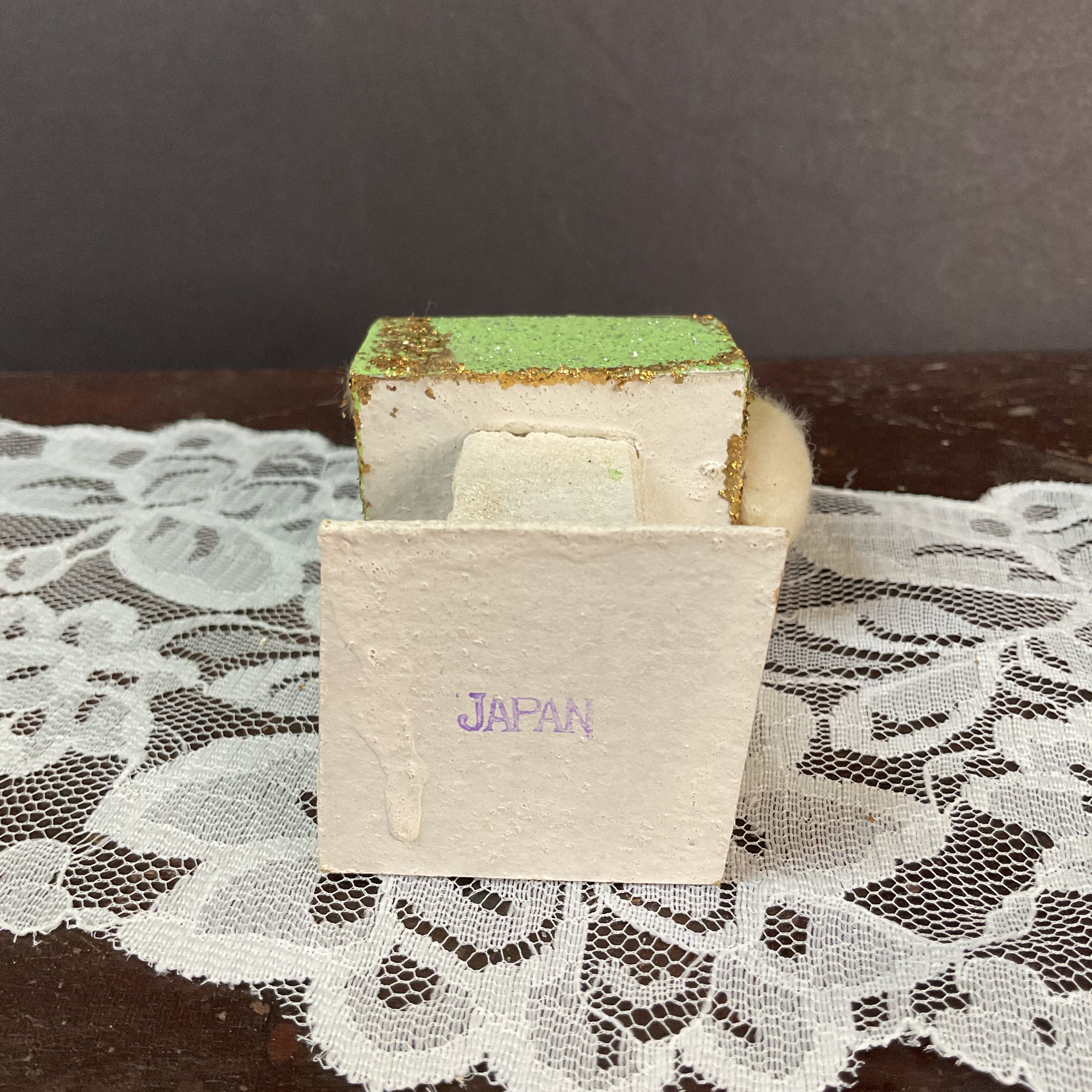 Vintage Japan Putz Chick on Mailbox 1950s Cardboard Glitter Easter Decoration