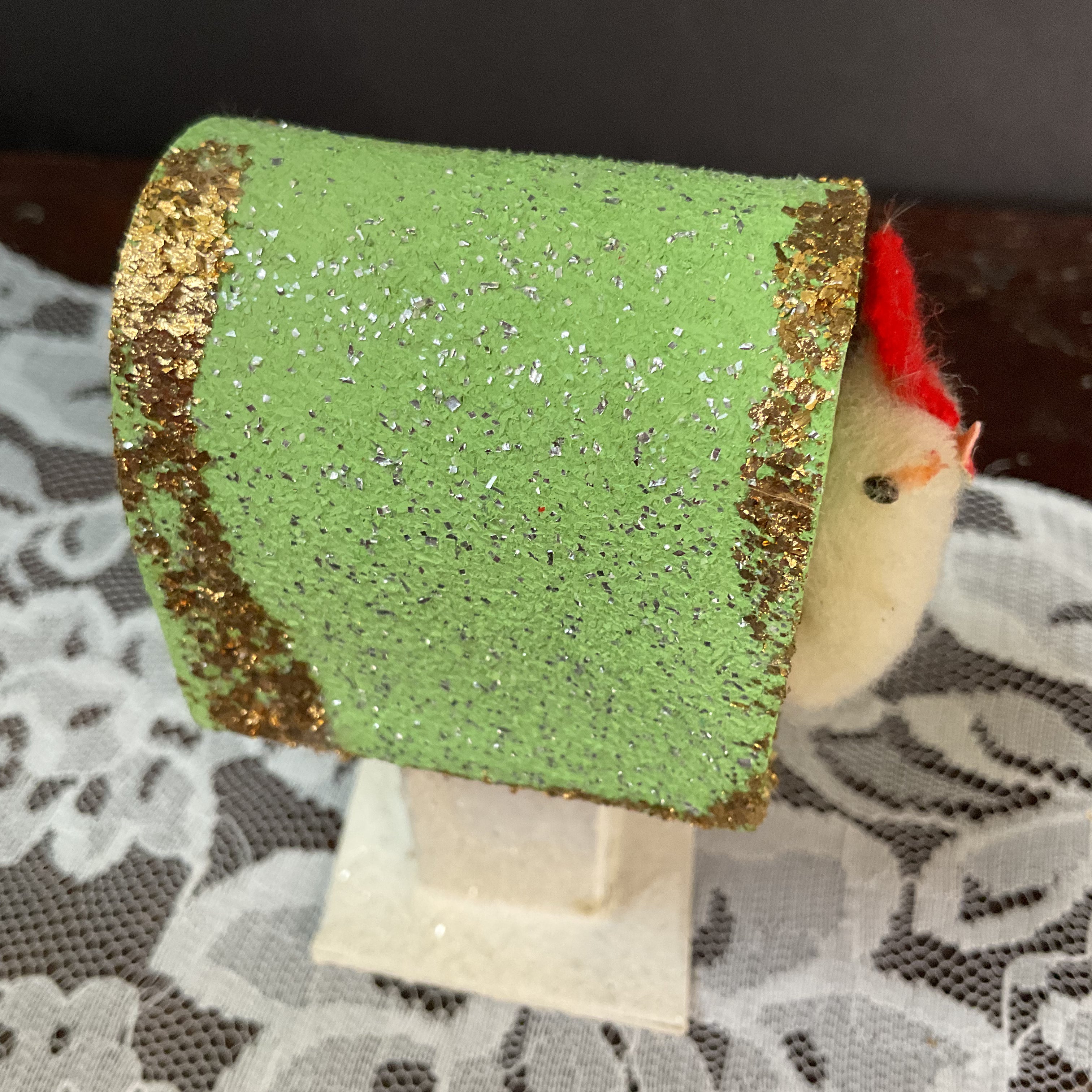 Vintage Japan Putz Chick on Mailbox 1950s Cardboard Glitter Easter Decoration