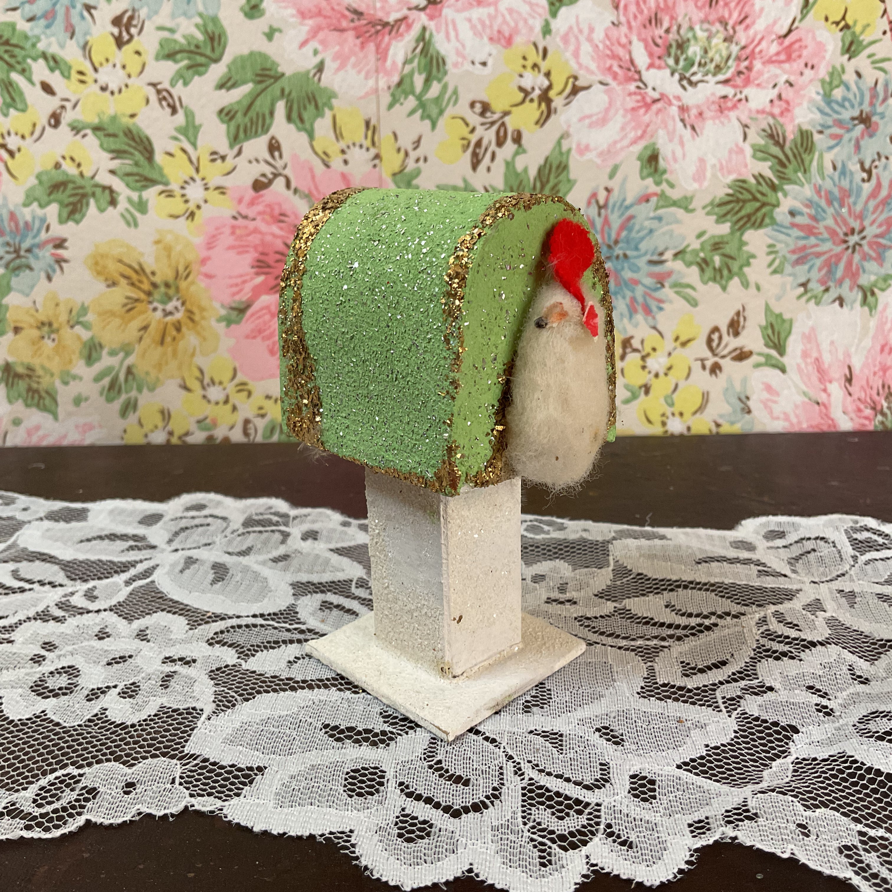 Vintage Japan Putz Chick on Mailbox 1950s Cardboard Glitter Easter Decoration
