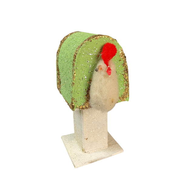 Vintage Japan Putz Chick on Mailbox 1950s Cardboard Glitter Easter Decoration