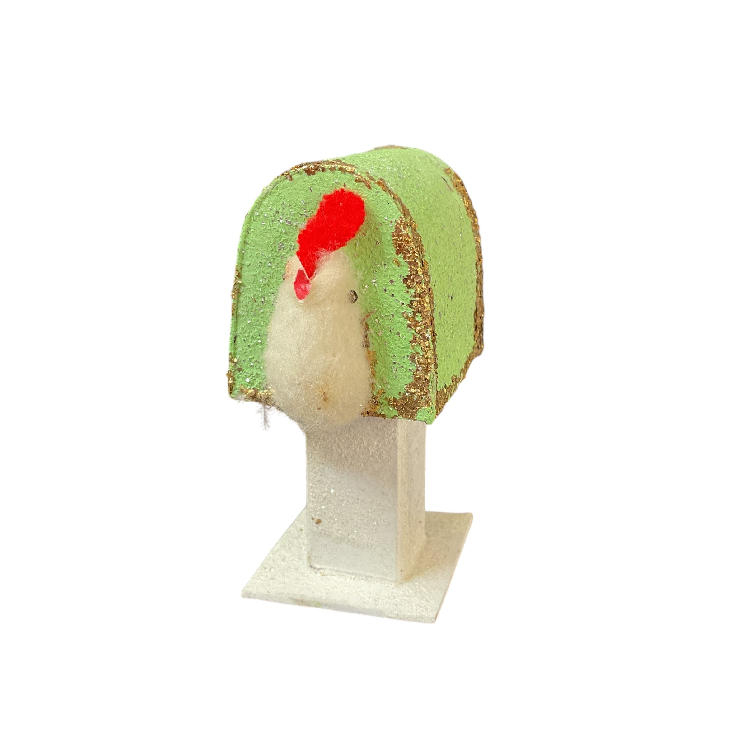 Vintage Japan Putz Chick on Mailbox 1950s Cardboard Glitter Easter Decoration