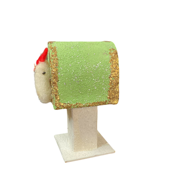 Vintage Japan Putz Chick on Mailbox 1950s Cardboard Glitter Easter Decoration