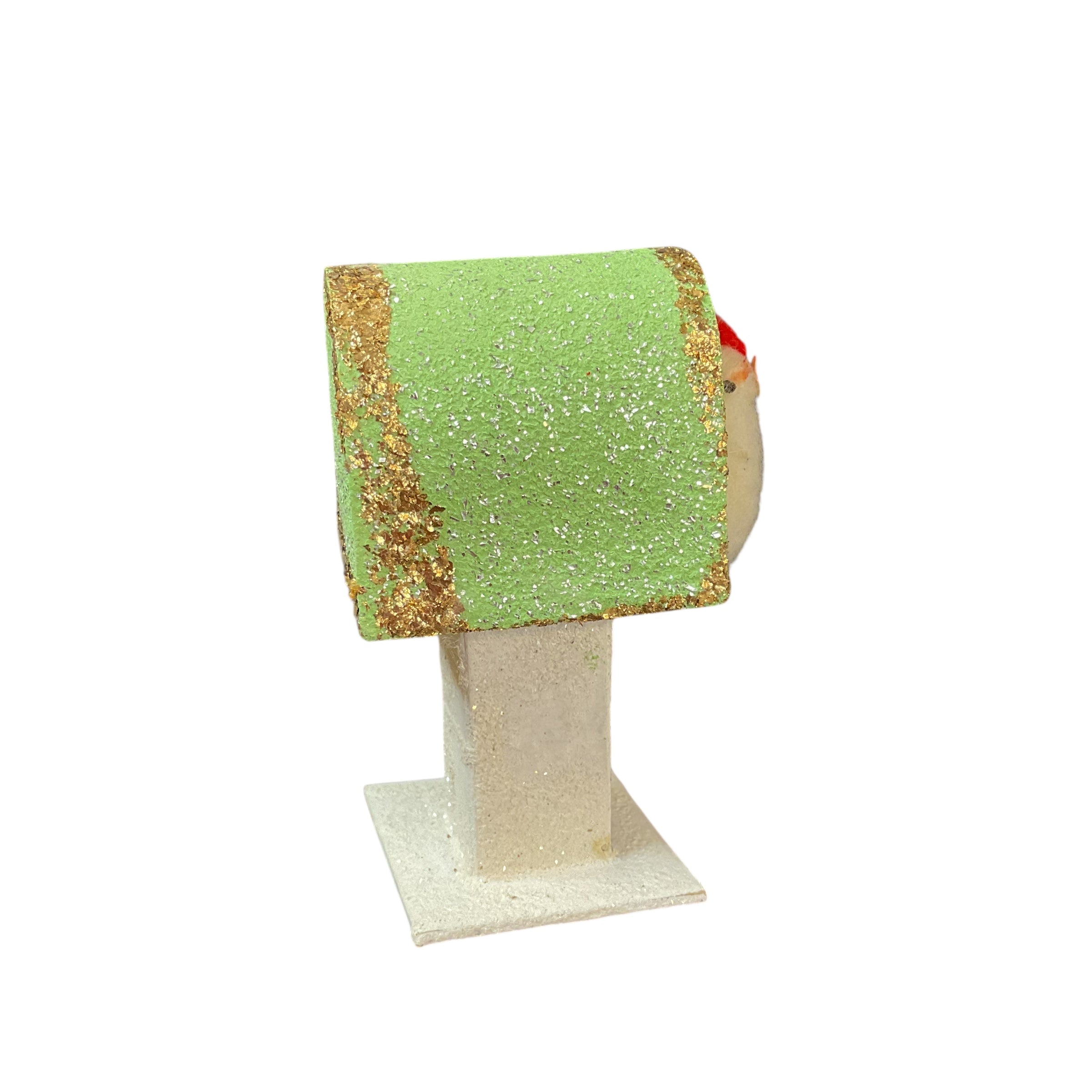 Vintage Japan Putz Chick on Mailbox 1950s Cardboard Glitter Easter Decoration