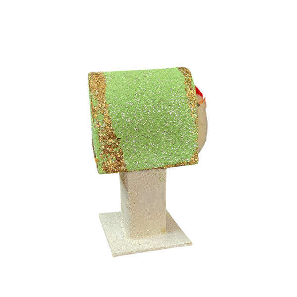 Vintage Japan Putz Chick on Mailbox 1950s Cardboard Glitter Easter Decoration