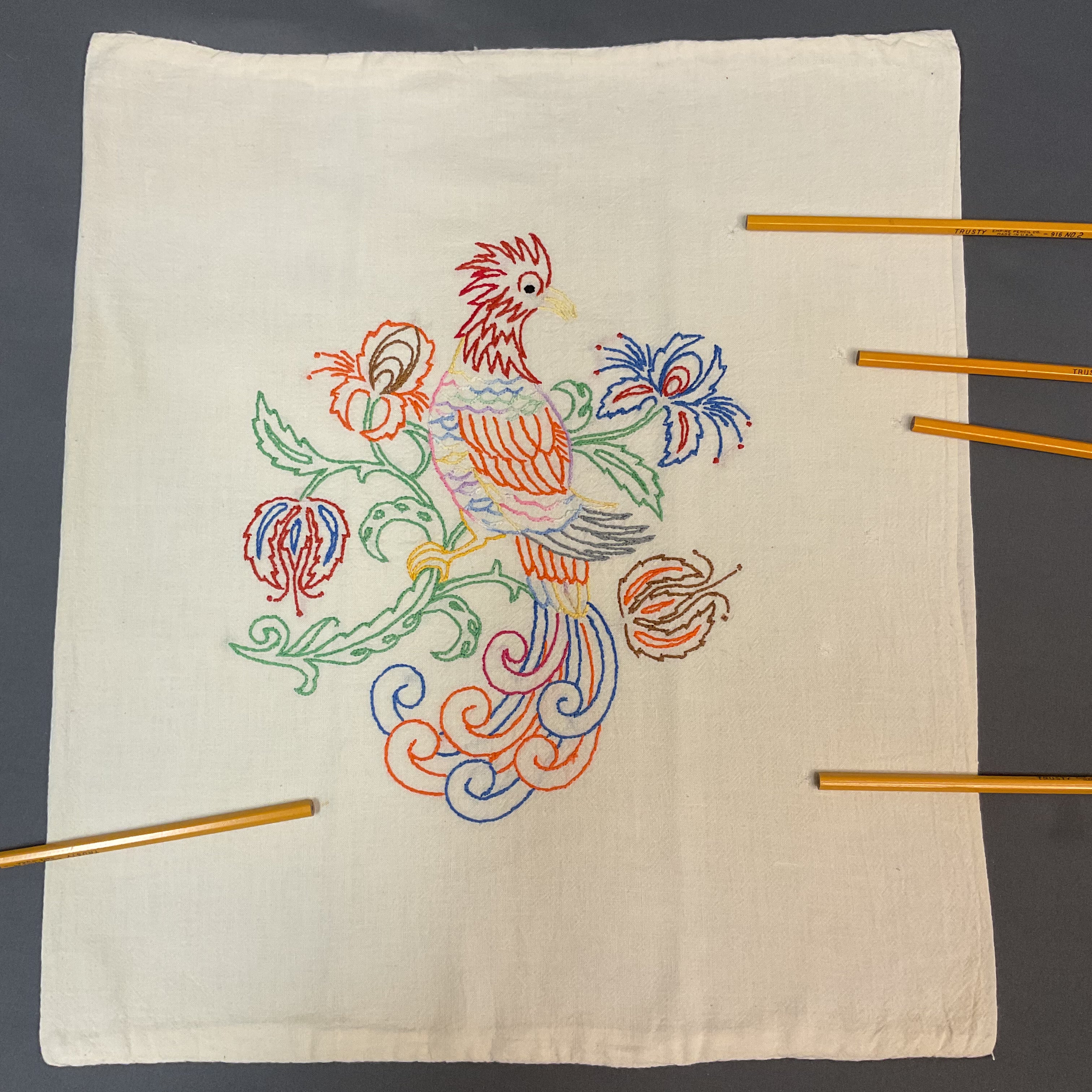 Vintage 1940s Hand Embroidered Pillow Cover Beautiful Bird 17x19