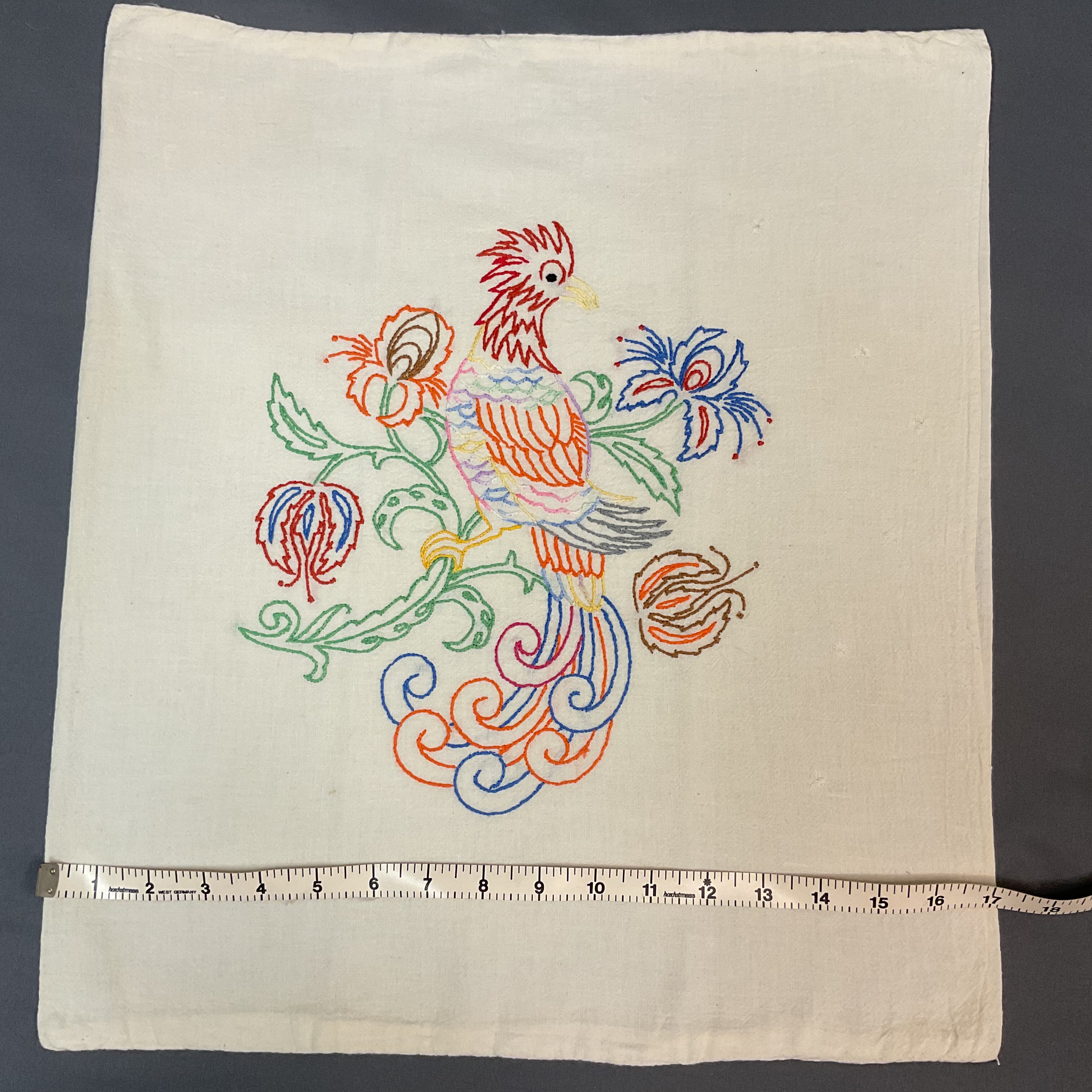 Vintage 1940s Hand Embroidered Pillow Cover Beautiful Bird 17x19