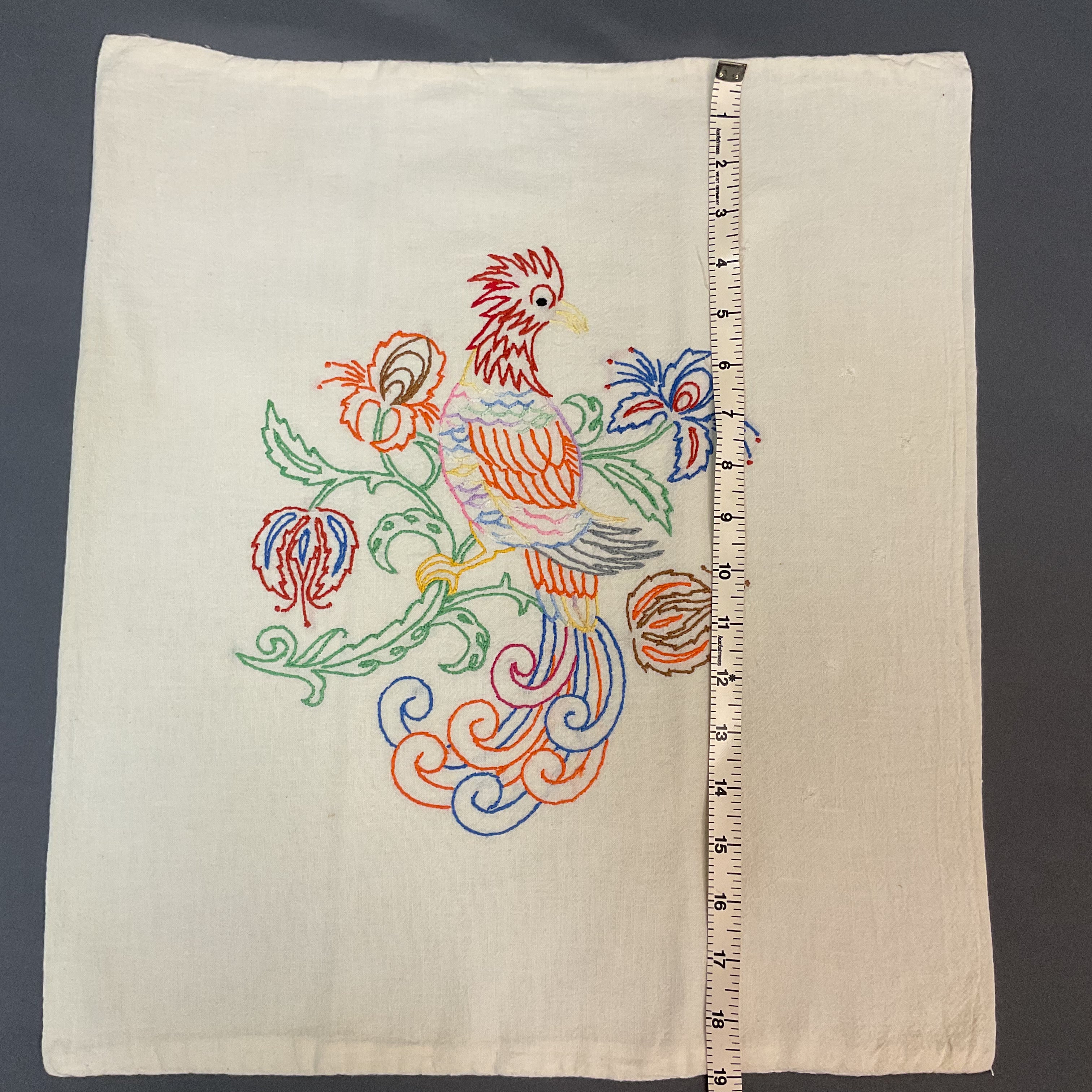 Vintage 1940s Hand Embroidered Pillow Cover Beautiful Bird 17x19
