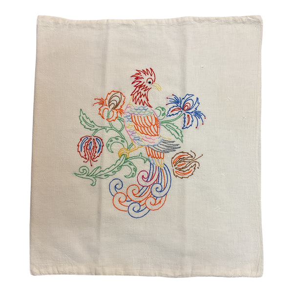 Vintage 1940s Hand Embroidered Pillow Cover Beautiful Bird 17x19