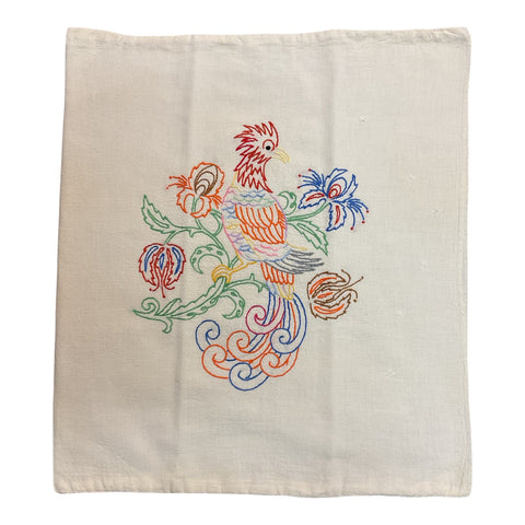 Vintage 1940s Hand Embroidered Pillow Cover Beautiful Bird 17x19