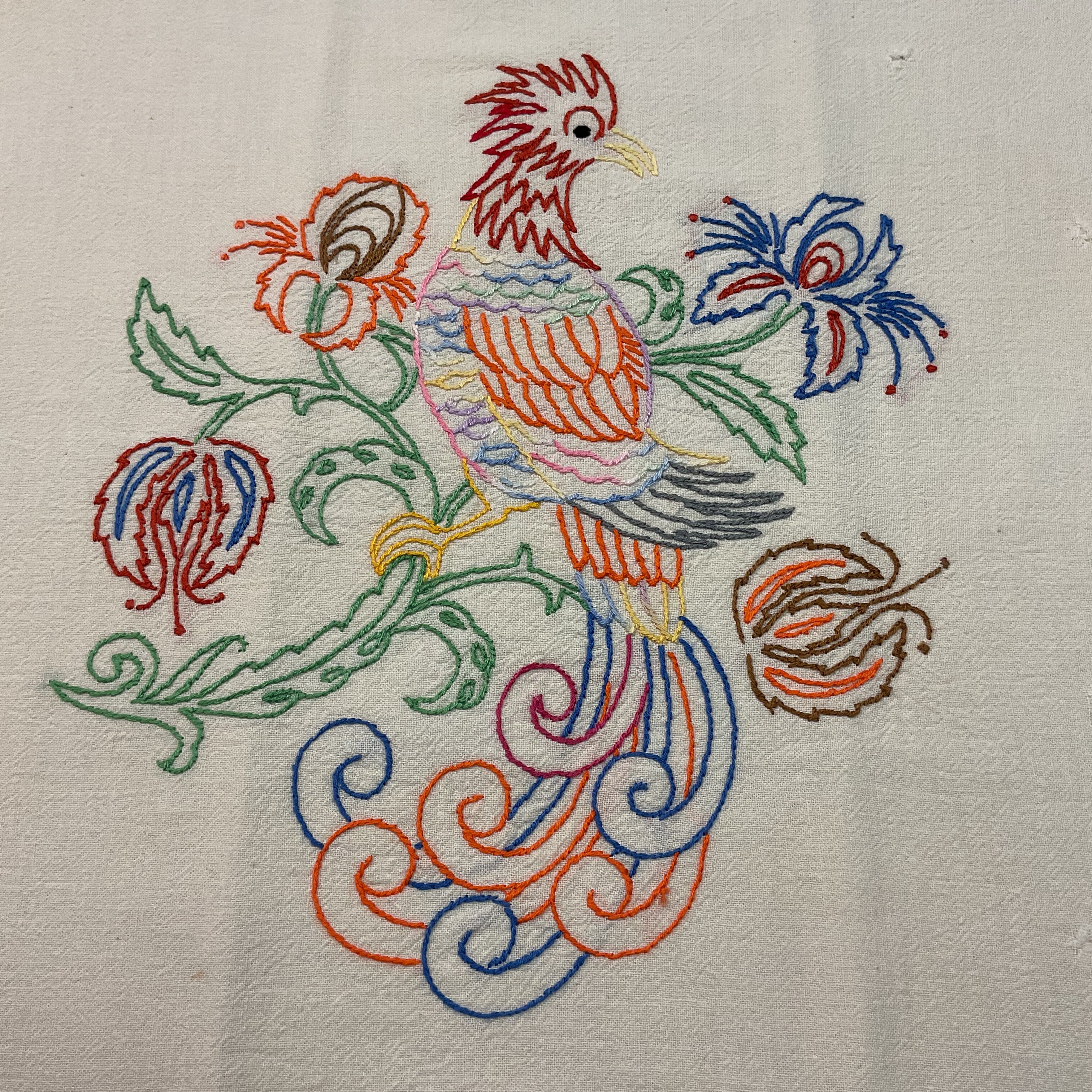 Vintage 1940s Hand Embroidered Pillow Cover Beautiful Bird 17x19