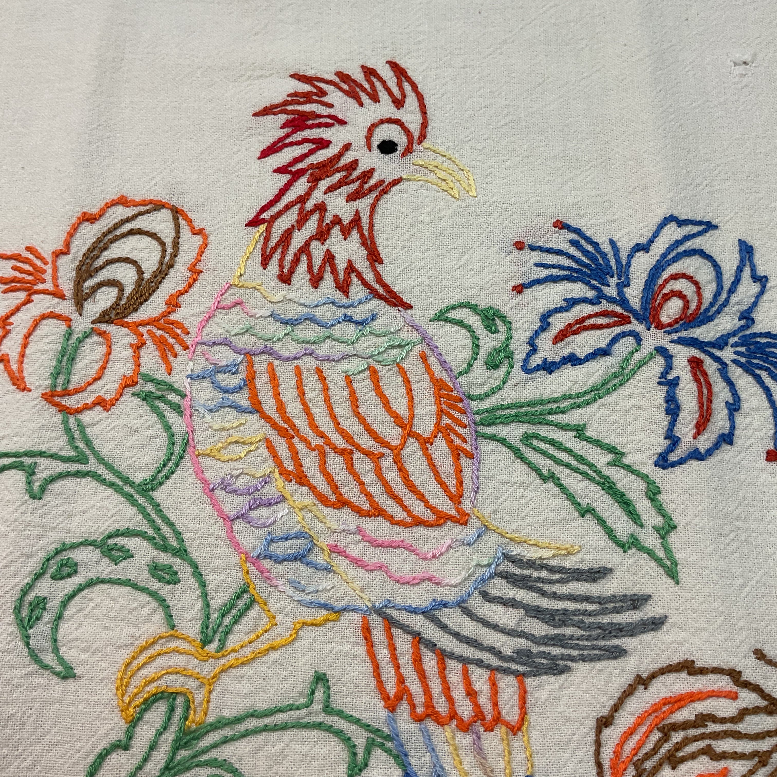 Vintage 1940s Hand Embroidered Pillow Cover Beautiful Bird 17x19