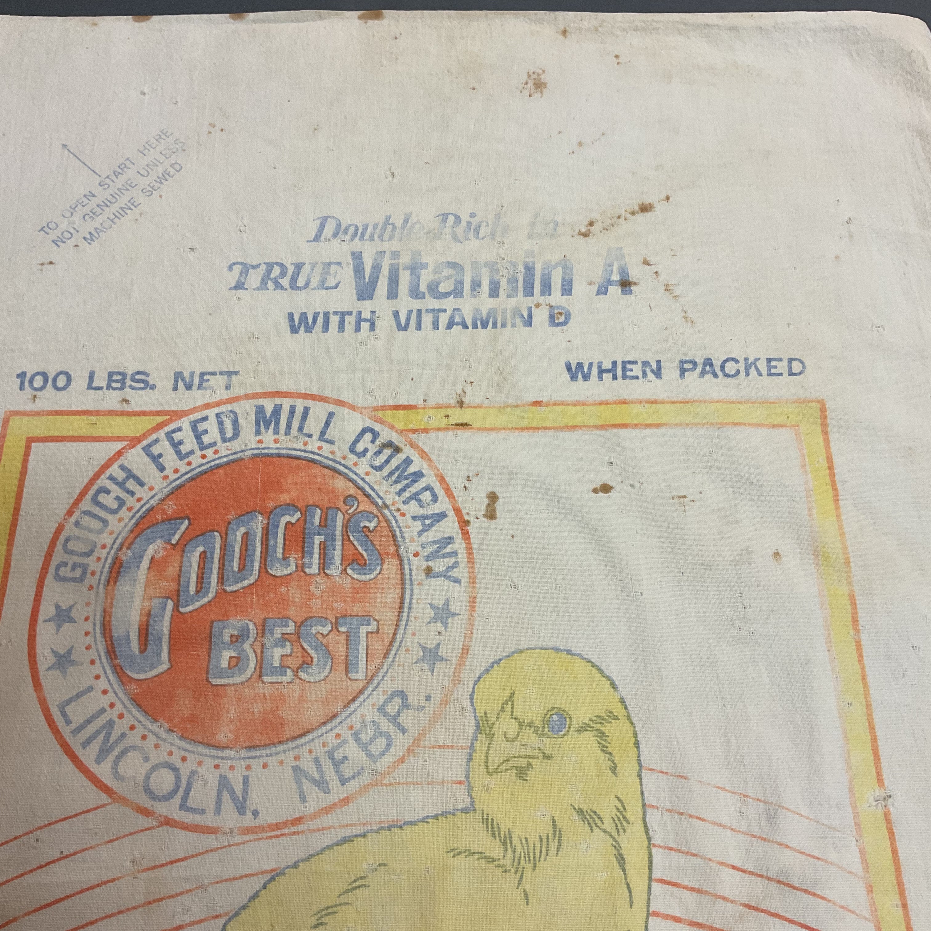 Vintage 1950s Gooch’s Best 100 lb Cloth Feed Sack Baby Chick