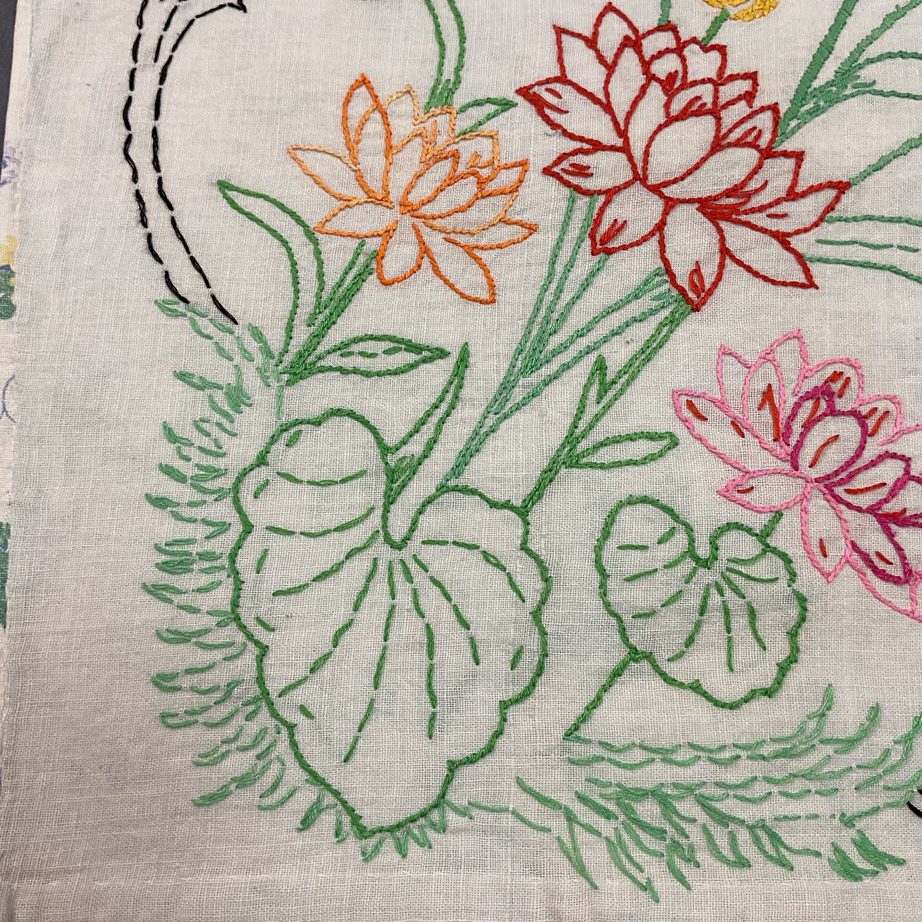 Vintage 1940s Hand Embroidered Pillow Cover Floral Cattails 17x16