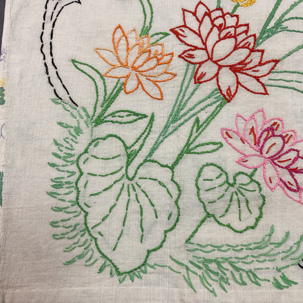 Vintage 1940s Hand Embroidered Pillow Cover Floral Cattails 17x16