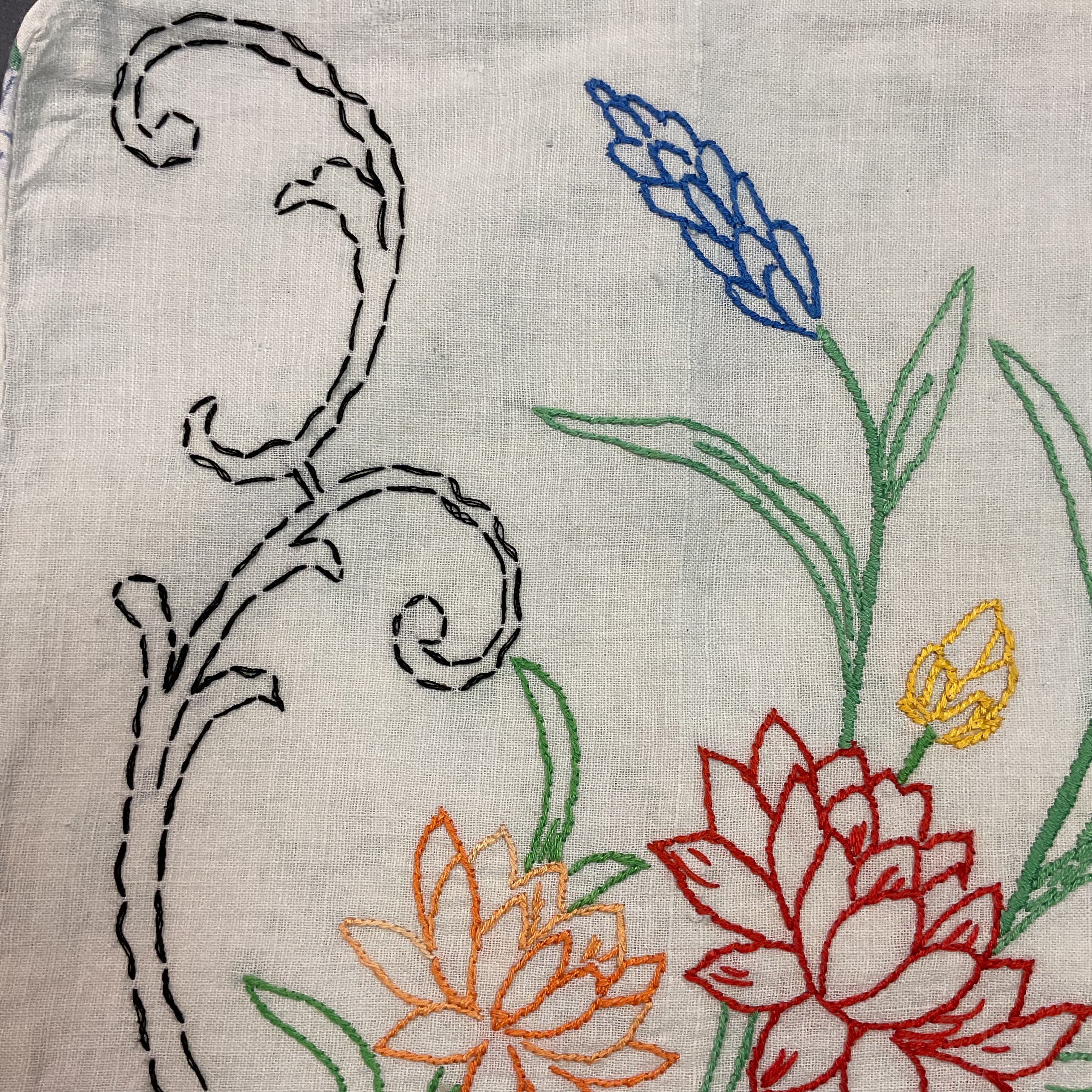 Vintage 1940s Hand Embroidered Pillow Cover Floral Cattails 17x16