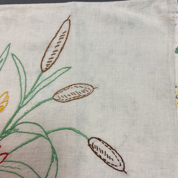 Vintage 1940s Hand Embroidered Pillow Cover Floral Cattails 17x16