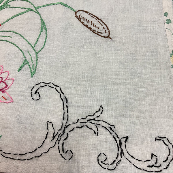 Vintage 1940s Hand Embroidered Pillow Cover Floral Cattails 17x16