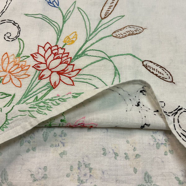 Vintage 1940s Hand Embroidered Pillow Cover Floral Cattails 17x16