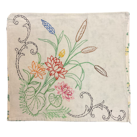 Vintage 1940s Hand Embroidered Pillow Cover Floral Cattails 17x16