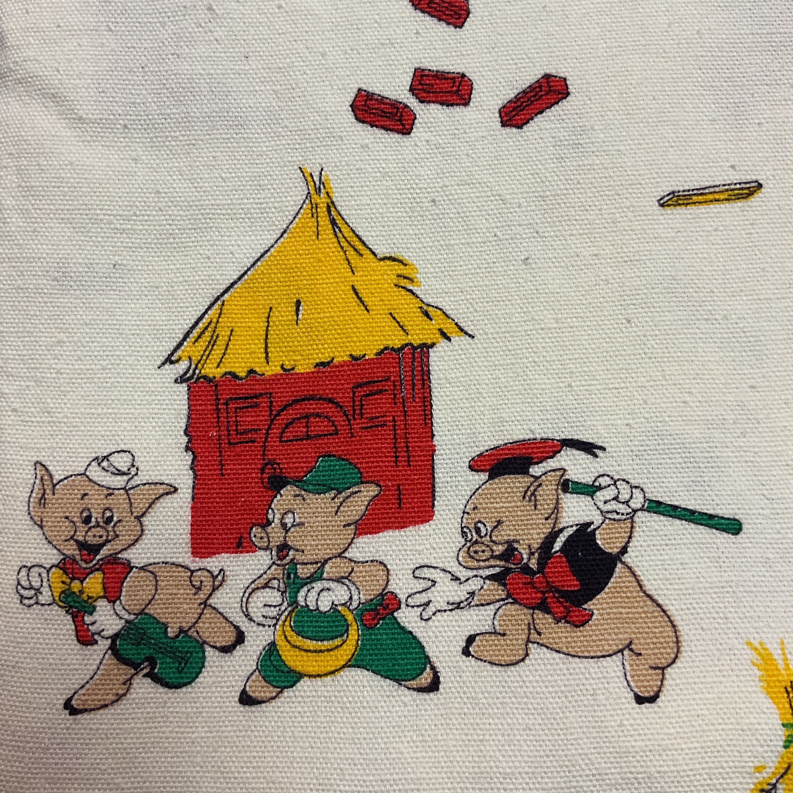 The Three Little Pigs Vintage 1970s Heavy Cotton Fabric 43 x 88