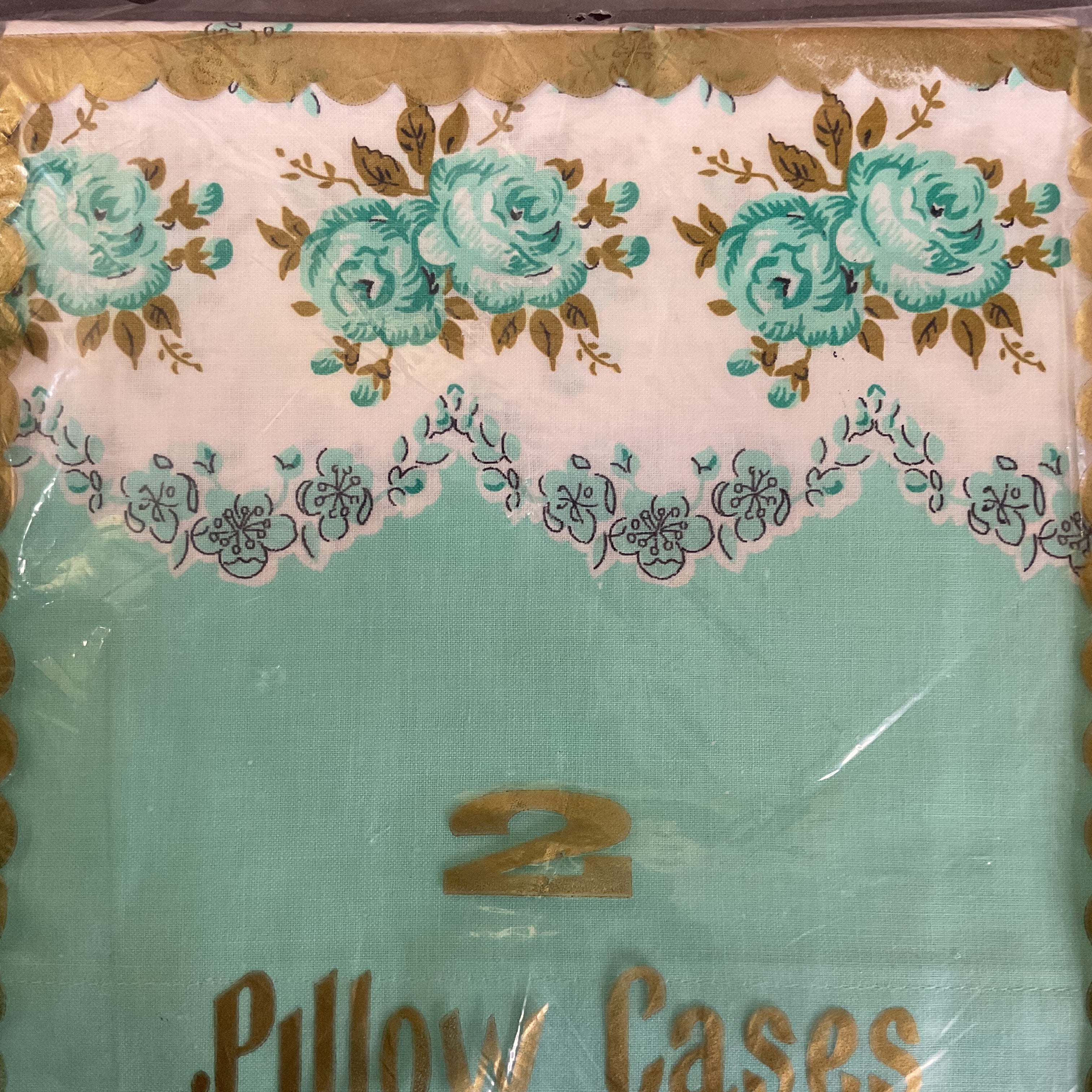 Vintage 1970s Floral Pillowcase Pair Jadeite Green and Gold - Avid Vintage