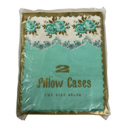 Vintage 1970s Floral Pillowcase Pair Jadeite Green and Gold - Avid Vintage