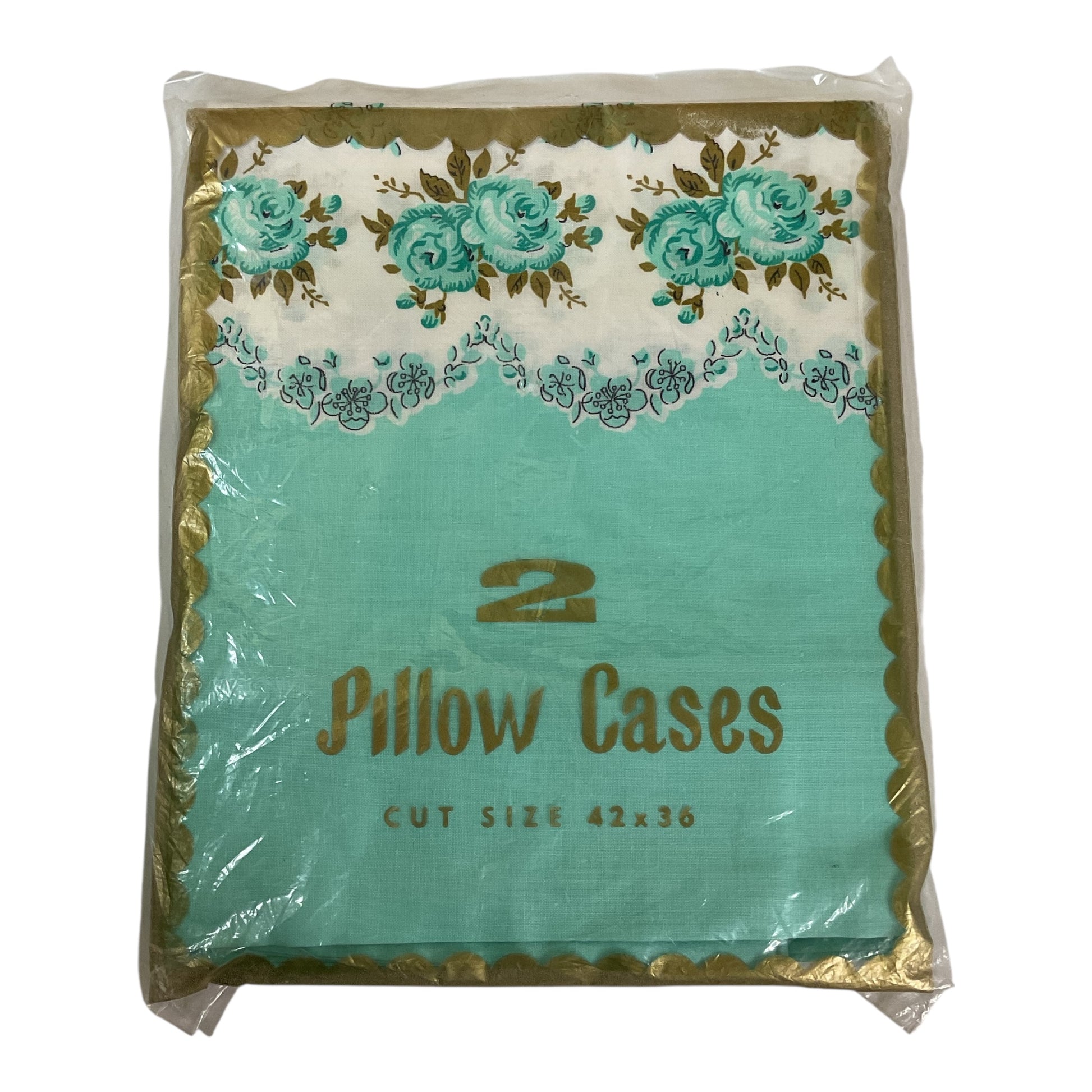 Vintage 1970s Floral Pillowcase Pair Jadeite Green and Gold - Avid Vintage