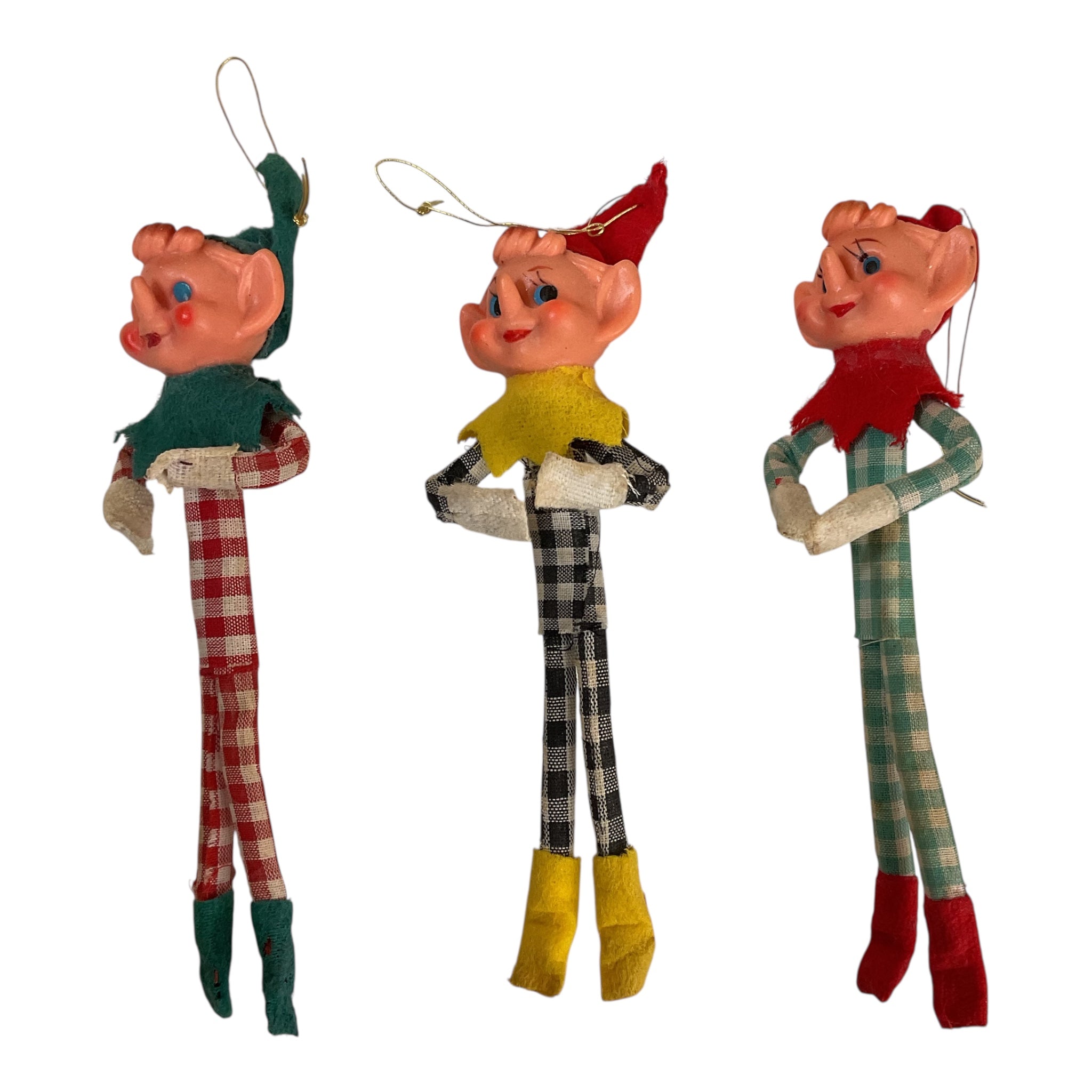 Vintage Gingham Pixie Elf Ornaments Set of 3 Red Black Green - Avid Vintage
