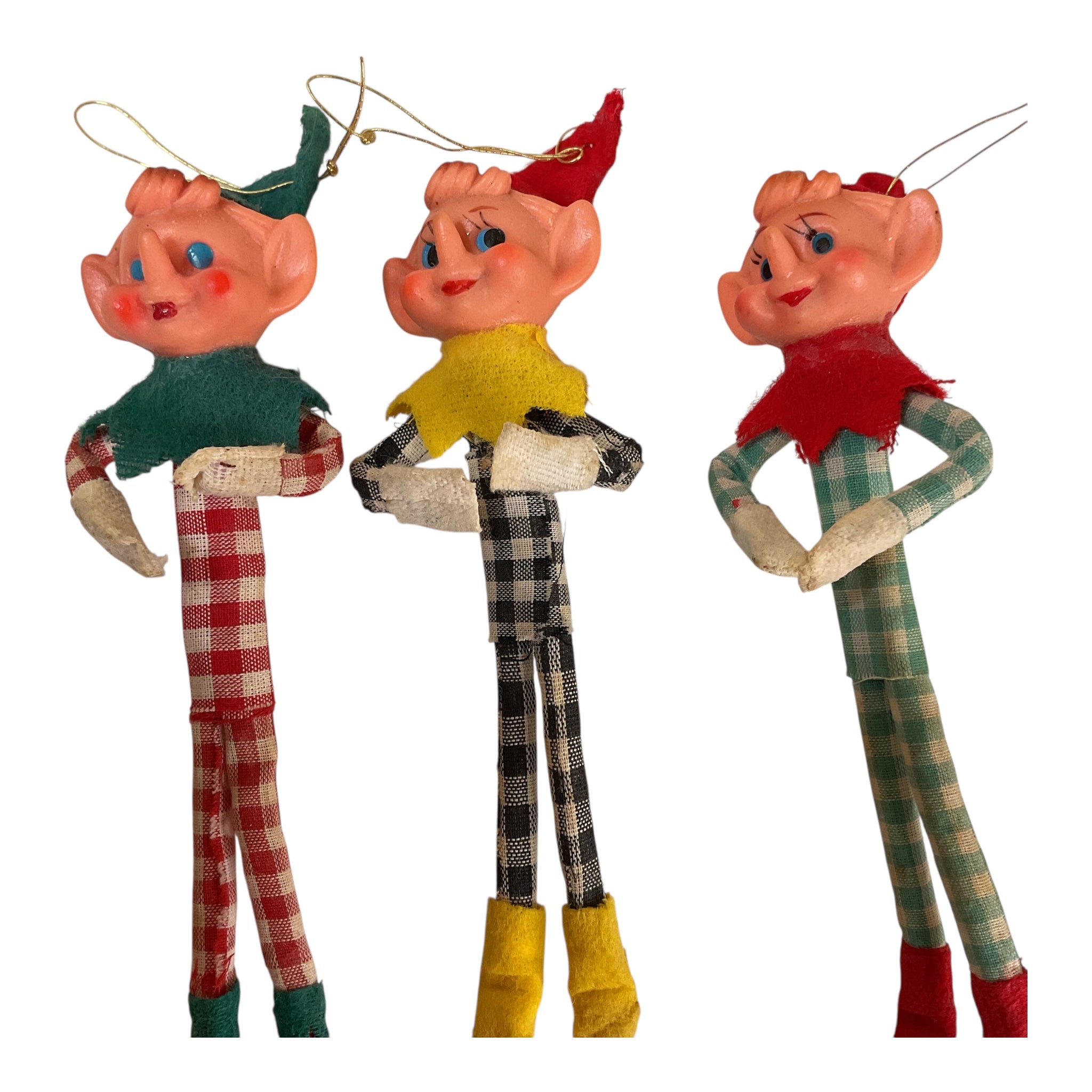 Vintage Gingham Pixie Elf Ornaments Set of 3 Red Black Green - Avid Vintage