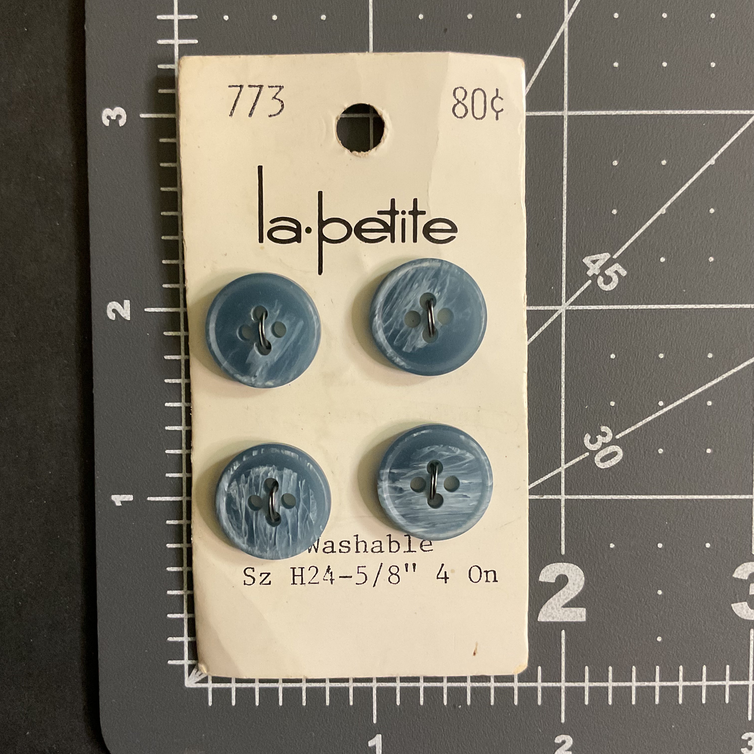 Vintage Le Petite 773 Blue Plastic Buttons 4 on Original Card 4 Hole