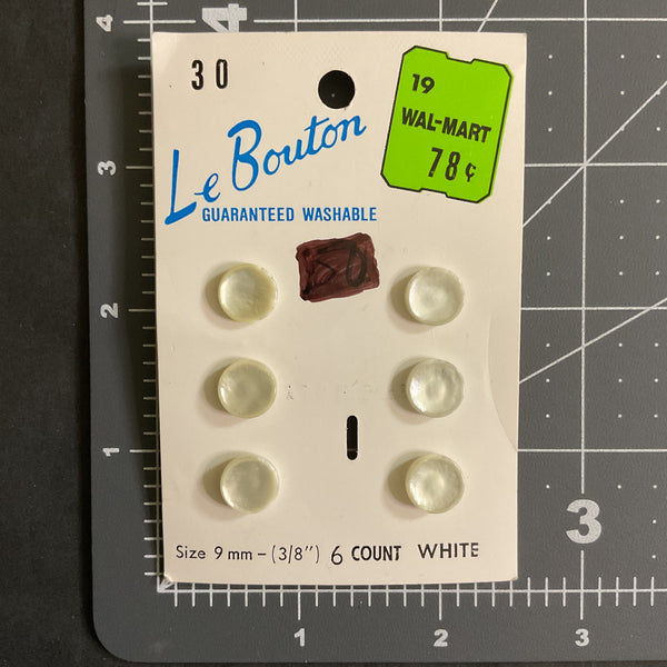 Le Bouton White Shank Buttons 6 on Card No 30