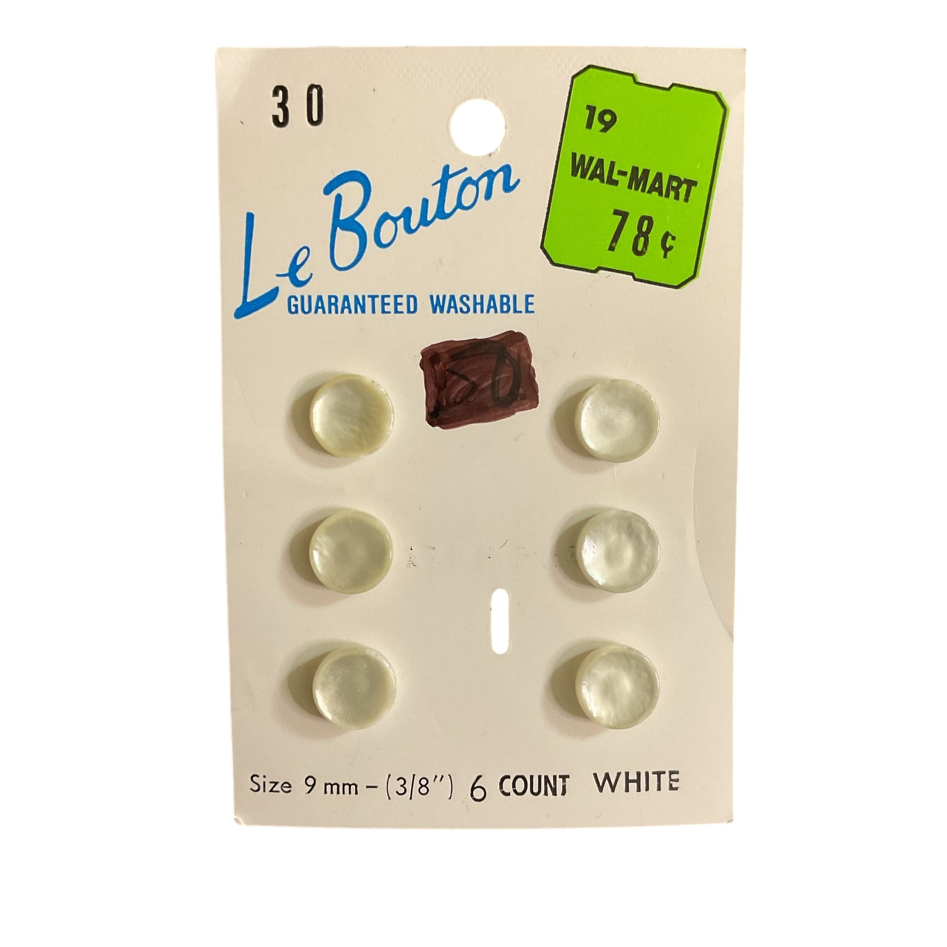 Le Bouton White Shank Buttons 6 on Card No 30 - Avid Vintage